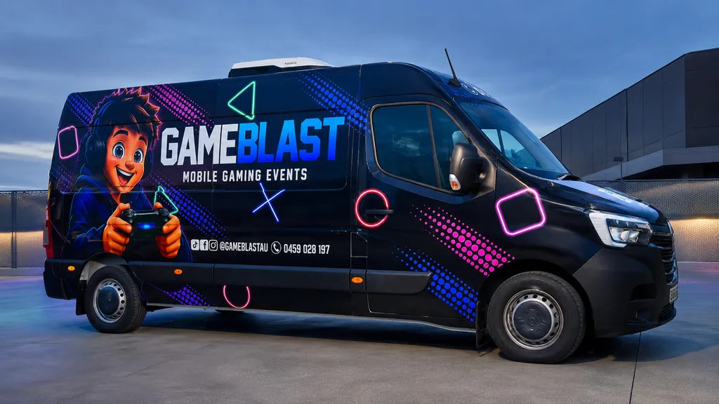 The GameBlast van parked at dusk, three-quarter front view with neon GameBlast branding along the side