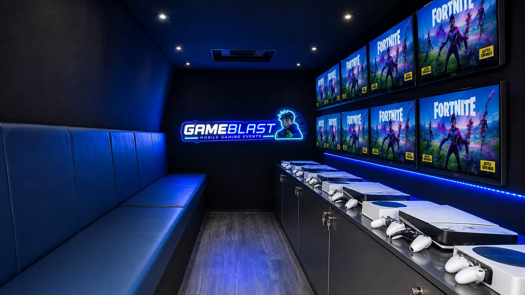 Inside the GameBlast van: two rows of high-definition monitors showing games, PlayStation 5 and Xbox Series S consoles on a bench, blue LED lighting and padded seating